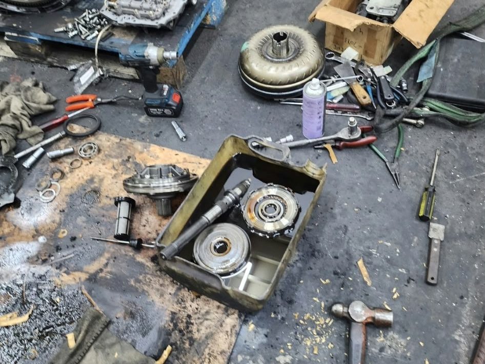 Brake and drive parts laid out for service