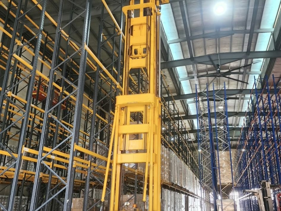 Tall pallet racking installation with a VNA truck